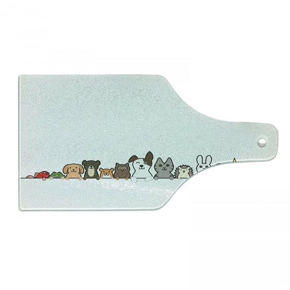 Cartoon Cutting Board, Domestic Pets Various Animals with Funny Expressions Humorous Cartoon Style, Decorative Tempered Glass Cutting and Serving Board, Wine Bottle Shape, Multicolor, by Ambesonne