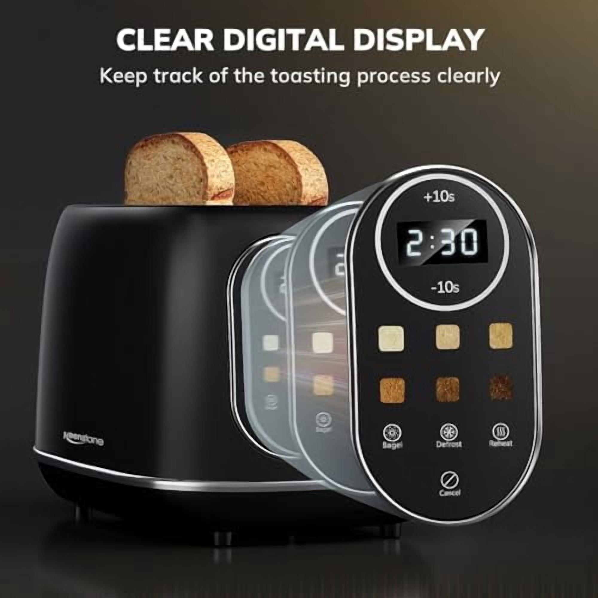 2 Slice Touchscreen Smart Toaster - Stainless Steel Toaster with Wide Slot, 6 Shade Settings, Bagel Function, Removable Crumb Tray - Black