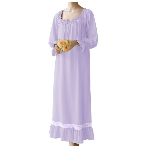 Fiaer Clearance,Women's Loose Fit Long Sleeve Max Nightdress,Scoop Neck Ruffle Sleeve Longer Sleepwear for Women,Ladies Casual Trendy Lace Trim Ruffle Hem Pajamas Purple XL