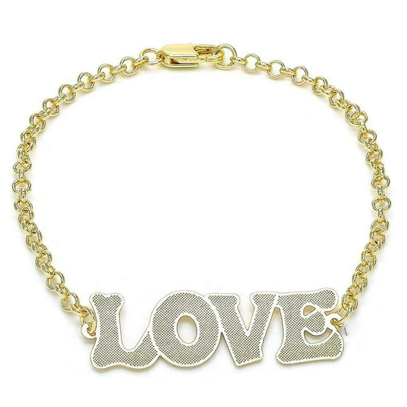 14K Gold Plated 7.5" Bracelet W/ Love Design And Rolo Chain W/Lobster Clasp