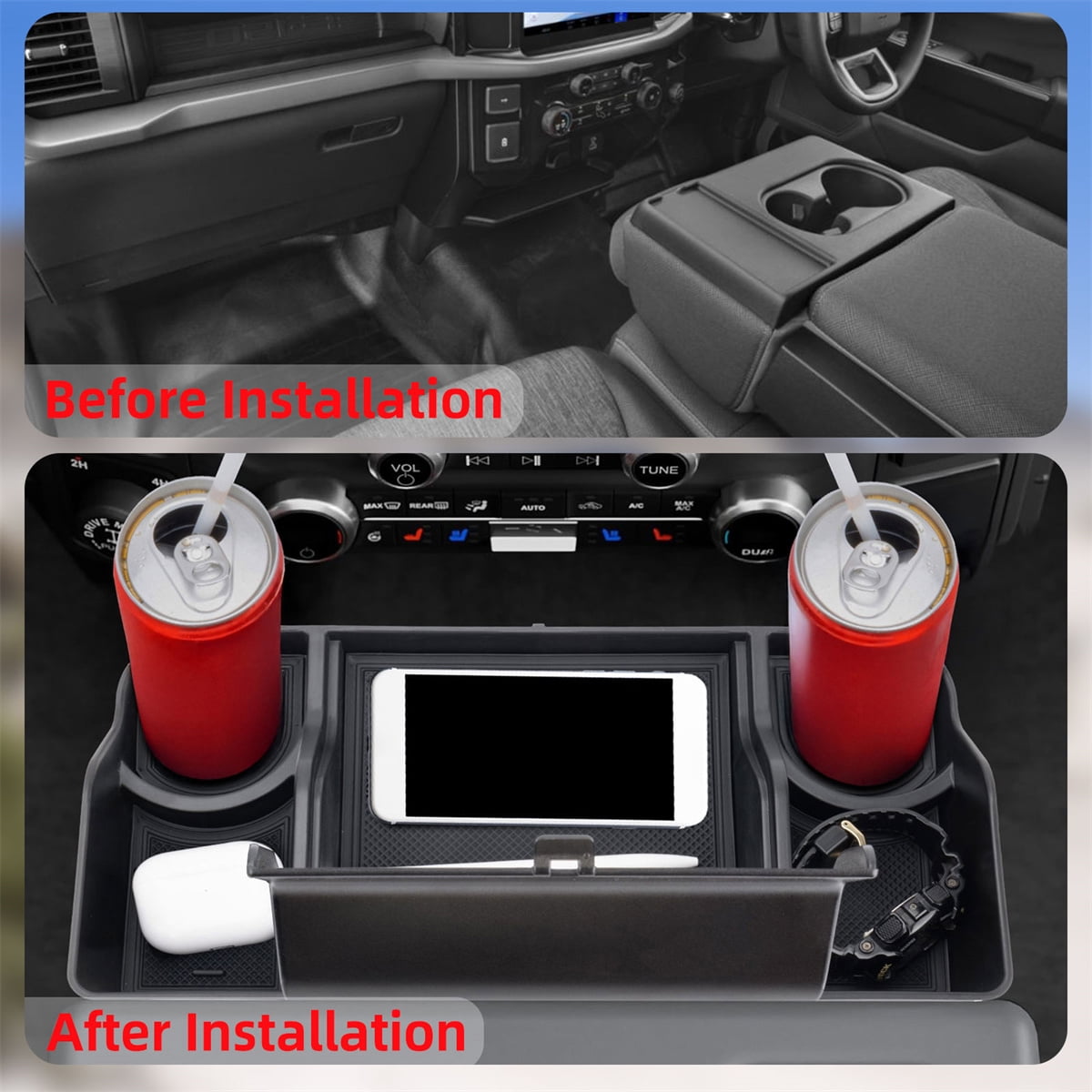 Front Seat Headrest Organizer For Ford F150 F250 2011-2024 2025 F350 F450 F550 F650 (Jump Seat Only), ABS Organizer Tray with Foldable Cover, Non-Slip Silicone Pads Accessories