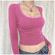 thumbnail image 2 of Camiseta corta de manga larga con botones y cuello de encaje para mujer - Color liso, dos bolsillos, informal/trabajo/fiesta, 2 of 7