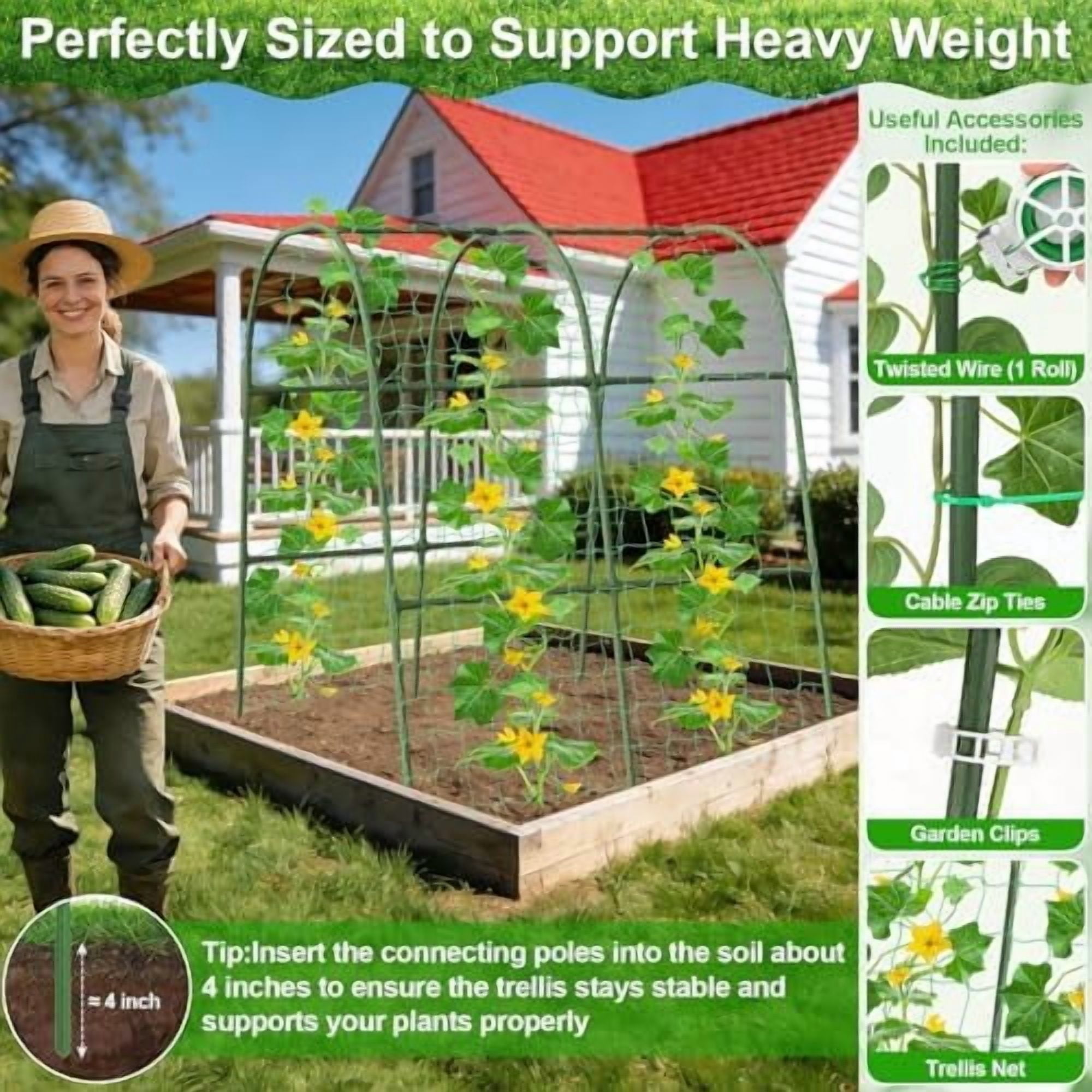 Cucumber Trellis for Raised Bed Garden, U-Shape Arch Trellis for Climbing Plants Outdoor, Metal Vegetables Trellis with Netting, Garden Trellis for Cucumber Plants Sweet Pea Bean Grape