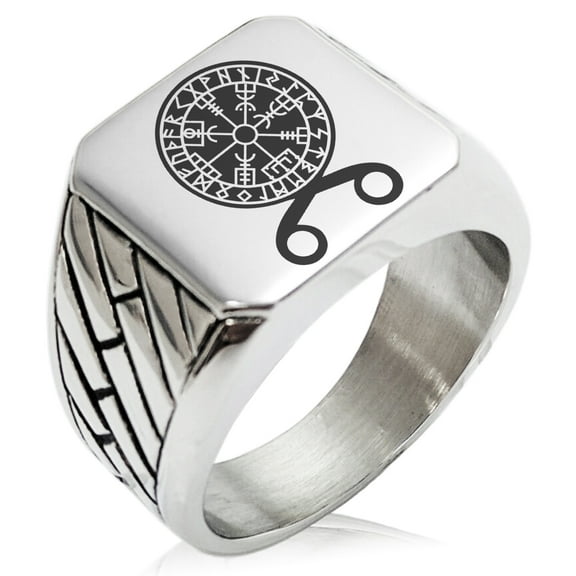 Stainless Steel Binding Vegvisir Troll Cross Runic Viking Geometric Pattern Biker Style Polished Ring