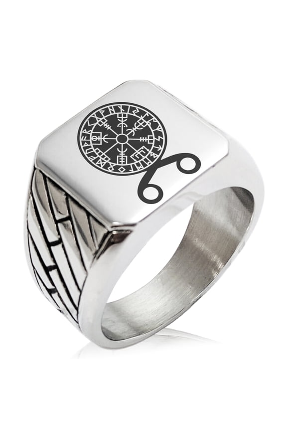Stainless Steel Binding Vegvisir Troll Cross Runic Viking Geometric Pattern Biker Style Polished Ring