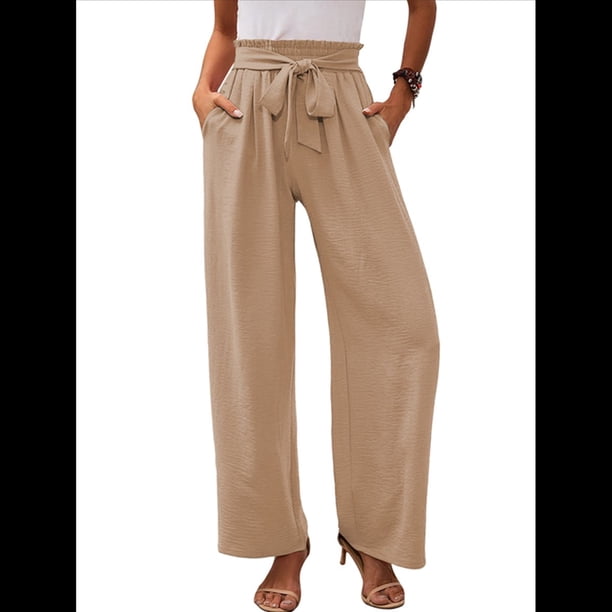 Pantalones de Salón Anchos para Mujer con Bolsillos, Cintura Alta, Ajustables, con Nudo y Holgados. Caqui M