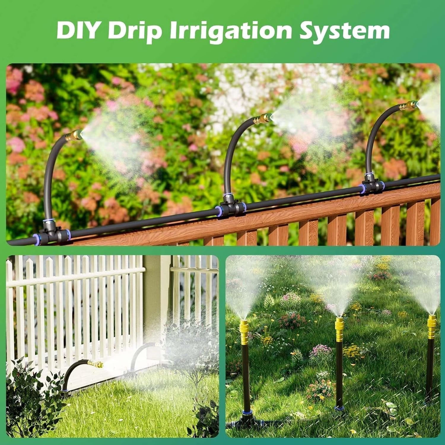 Drip Irrigation Kit with 360° Flexible Hose, Automatic Watering System for Potted Plants, Garden Watering System with 360° Bendable Misting Nozzles, 3 Adjustable Flow Settings