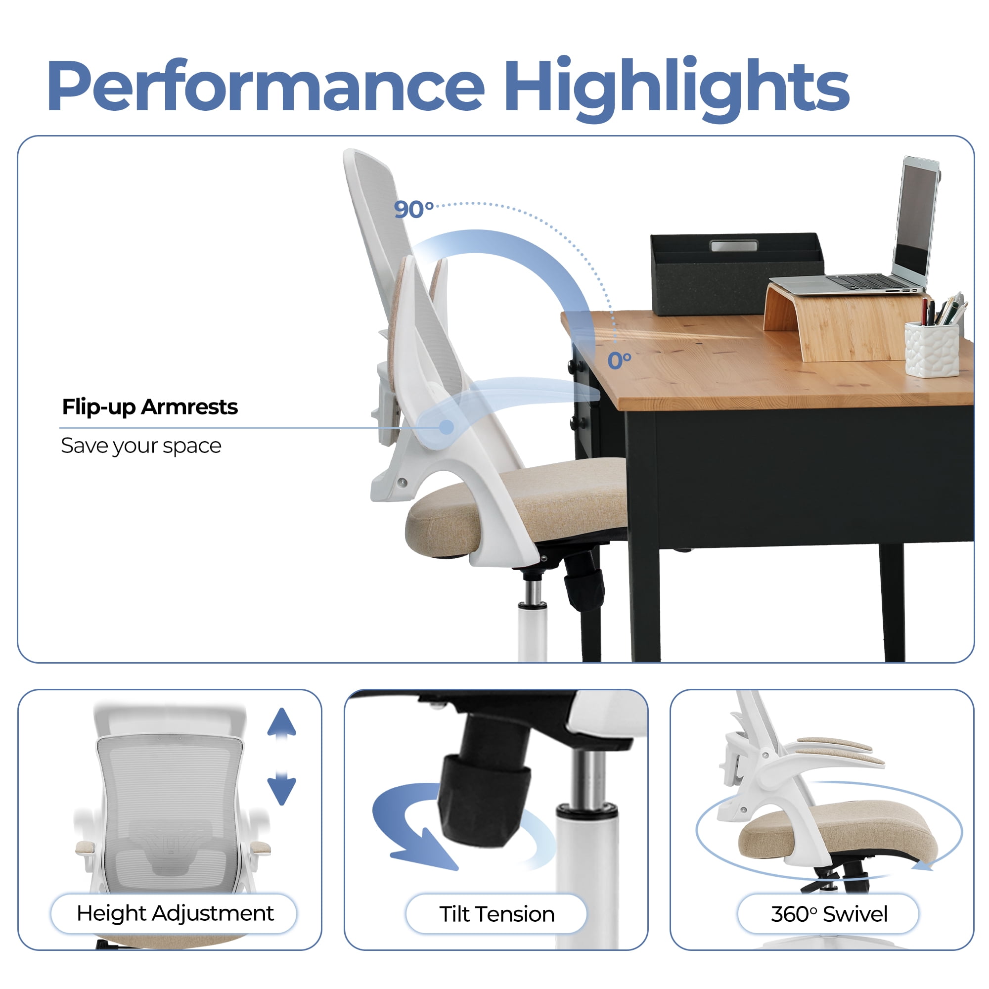 CELTOSS Ergonomic Office Chair, Wide Seat with Flip-Up Armrests, Lumbar Support, Adjustable Height, Comfy Home Task Computer Chair, Beige