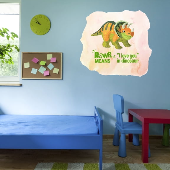 Watercolor Decal Rawr Means I Love You In Dinosaur Living Room Wall Decal for Family Jurassic Themed Pink Background Design Cute Themed Room Décor - Size: 10 In x 9 In