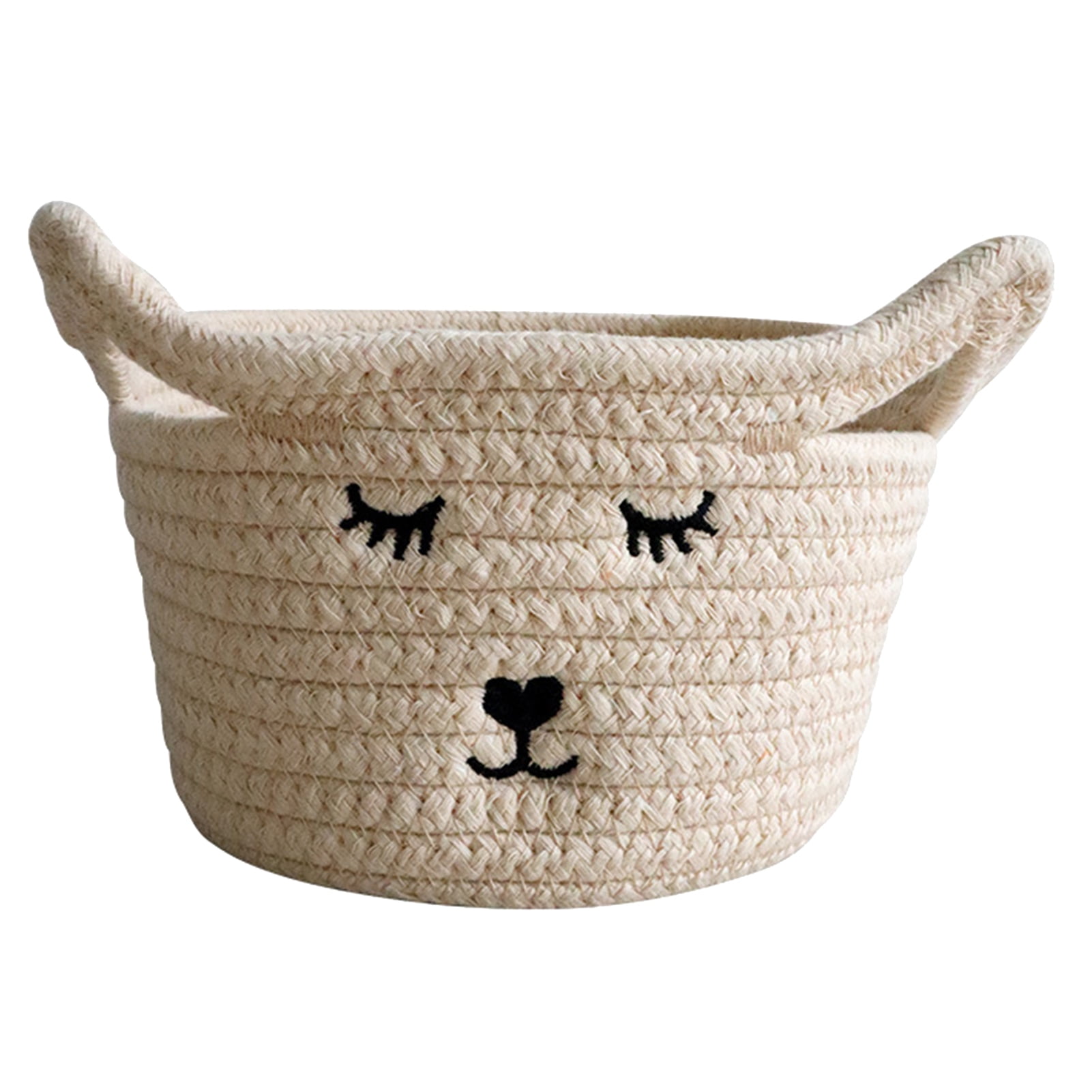 Trayknick Cute Face Pattern Woven Storage Basket Anti Slip Cotton Rope Animals Design Woven Sundries Storage Box Office Supplies Beige Beige
