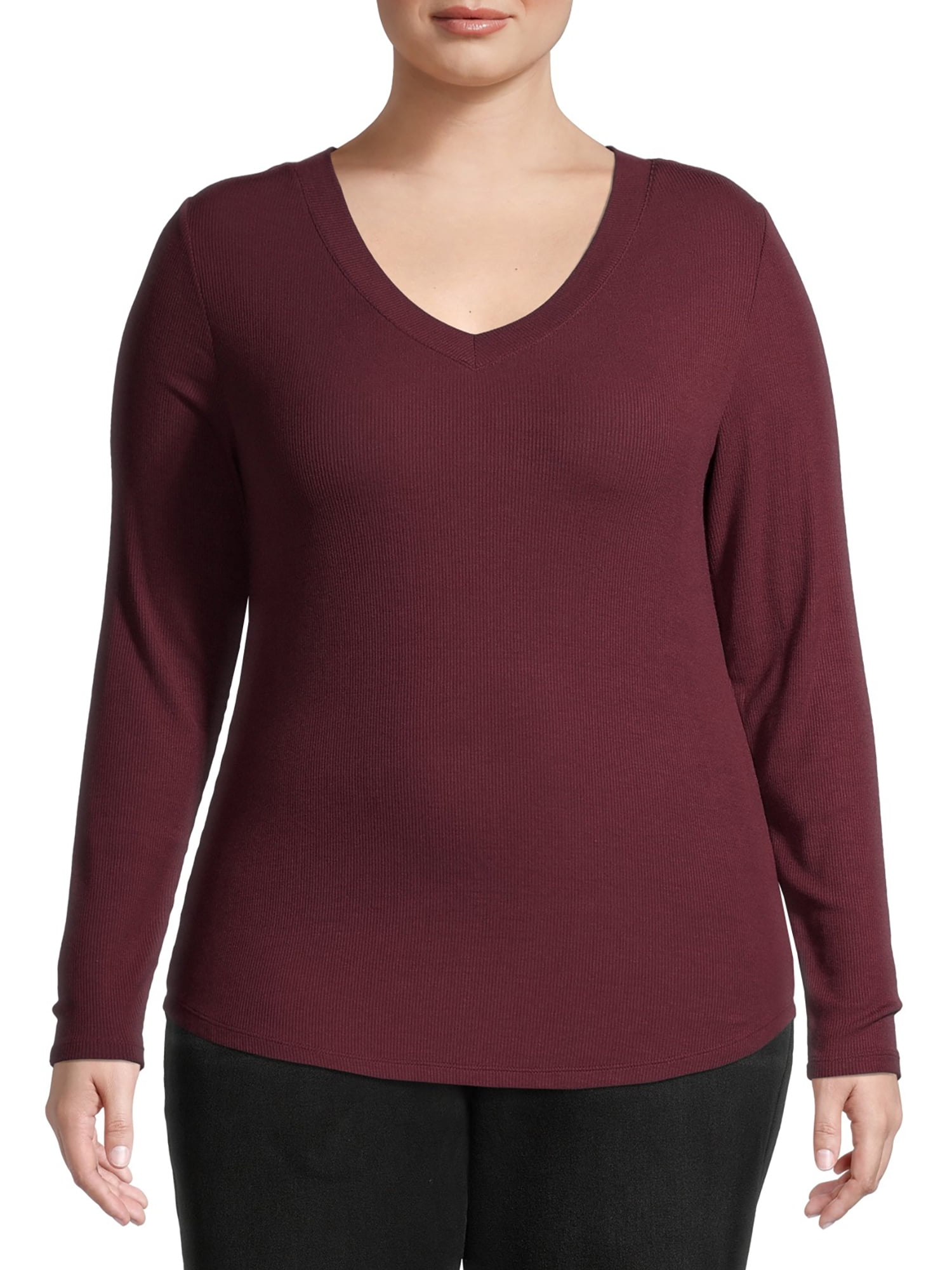 No Boundaries Juniors' Plus V-Neck Shirttail Sweater with Long Sleeves ...