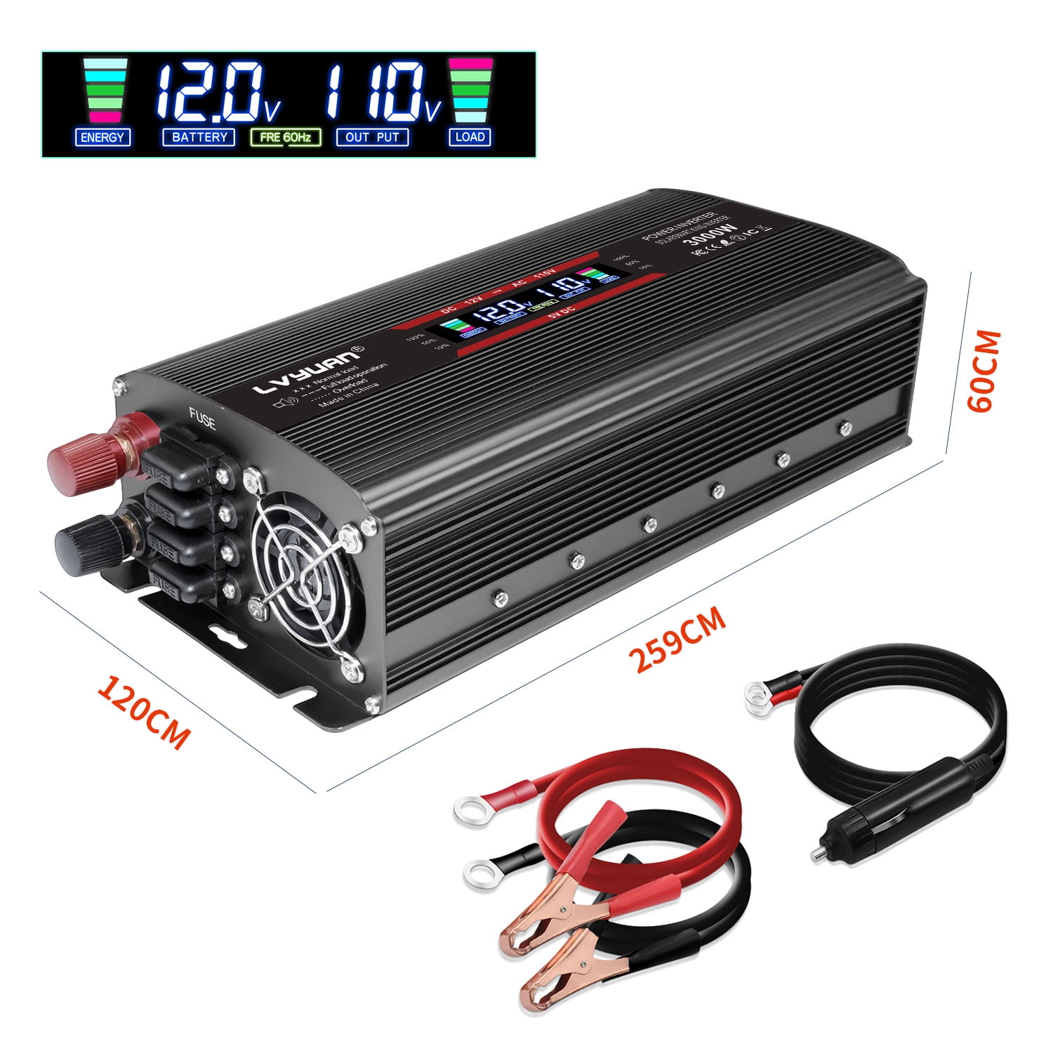 LVYUAN 1500W 3000W Peak Modified Sine Wave Power Inverter - DC 12V to 110V AC, Dual AC Outlets & Dual USB Ports, LCD Display, Black - Ideal for Car, RV, Camping & Home Backup