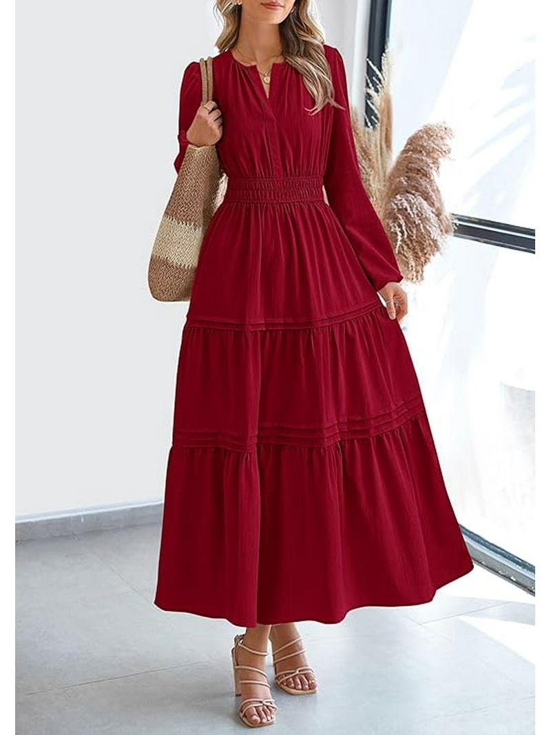 PRETTYGARDEN Women's Elegant Maxi Dresses Long Sleeve V Neck Flowy Pockets  Casual Modest Dress Fall Fashion Clothes - Walmart.com