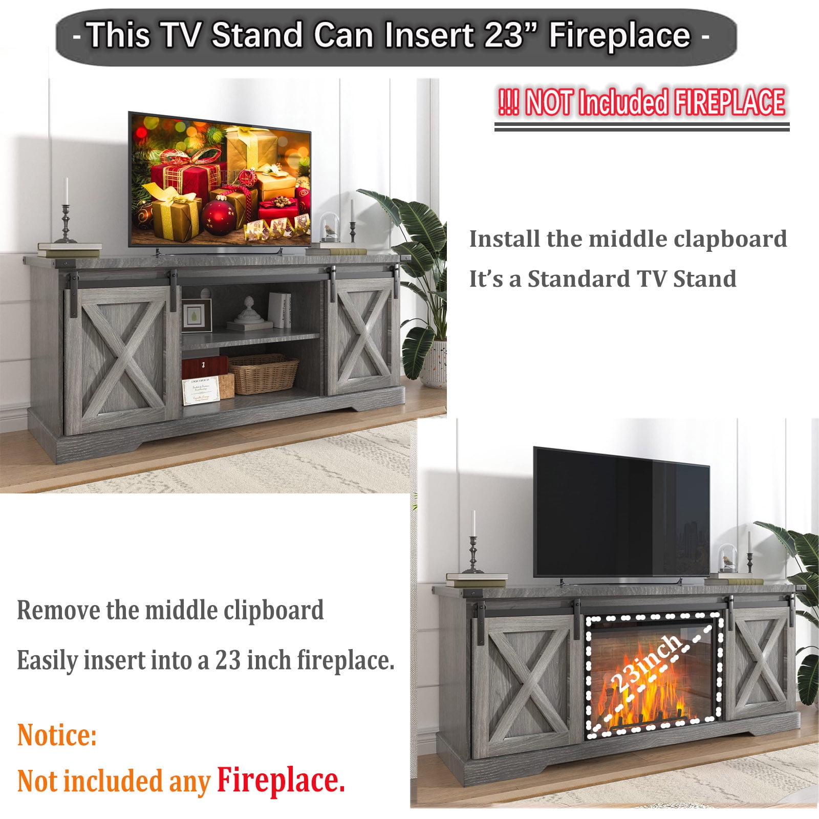 Chvans Farmhouse Barn Door TV Stand for up to 65" TVs & 23" Electric Fireplace, Entertainment Center Console Table with Adjustable Shevles