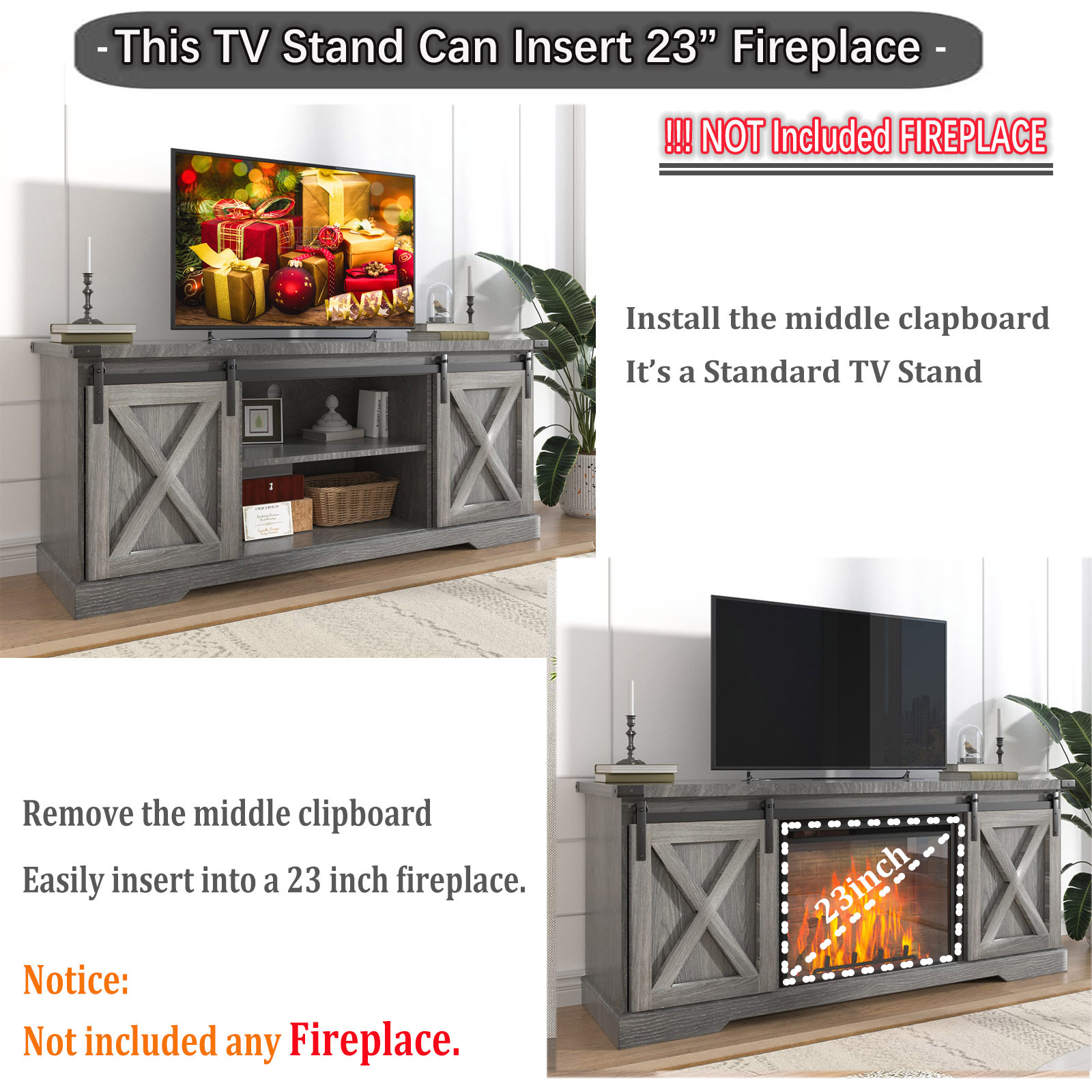 Chvans Farmhouse Barn Door TV Stand for 65 in TVs, Gray photo 7