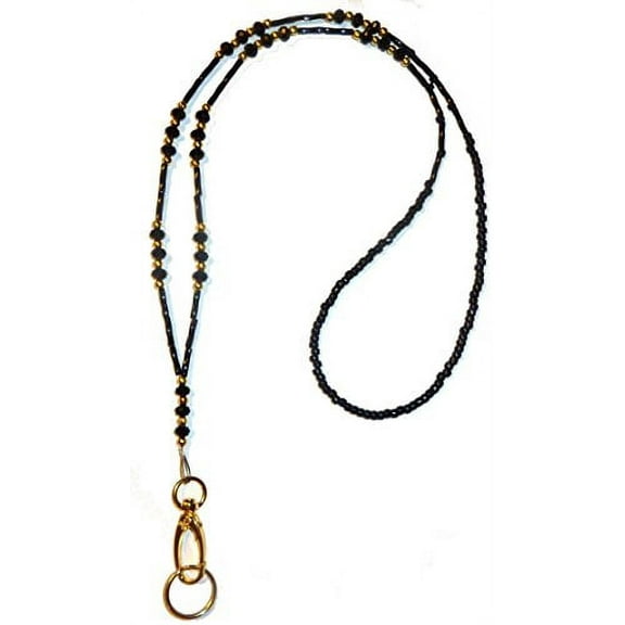Hidden Hollow Beads GOLD Black Crystal Women's Beaded Fashion Lanyard Necklace, Jewelry ID Badge and Key Holder, 34 in.
