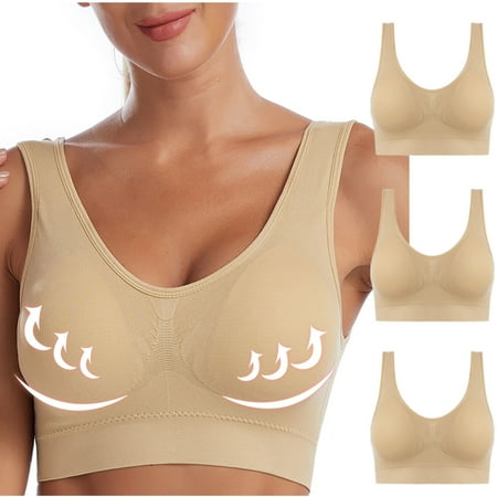 Viikei Plus Size Everyday Bras for Women 3PC Ladies Traceless Comfortable No Steel Ring Breathable Gathering Bra Woman Underwear Beige L