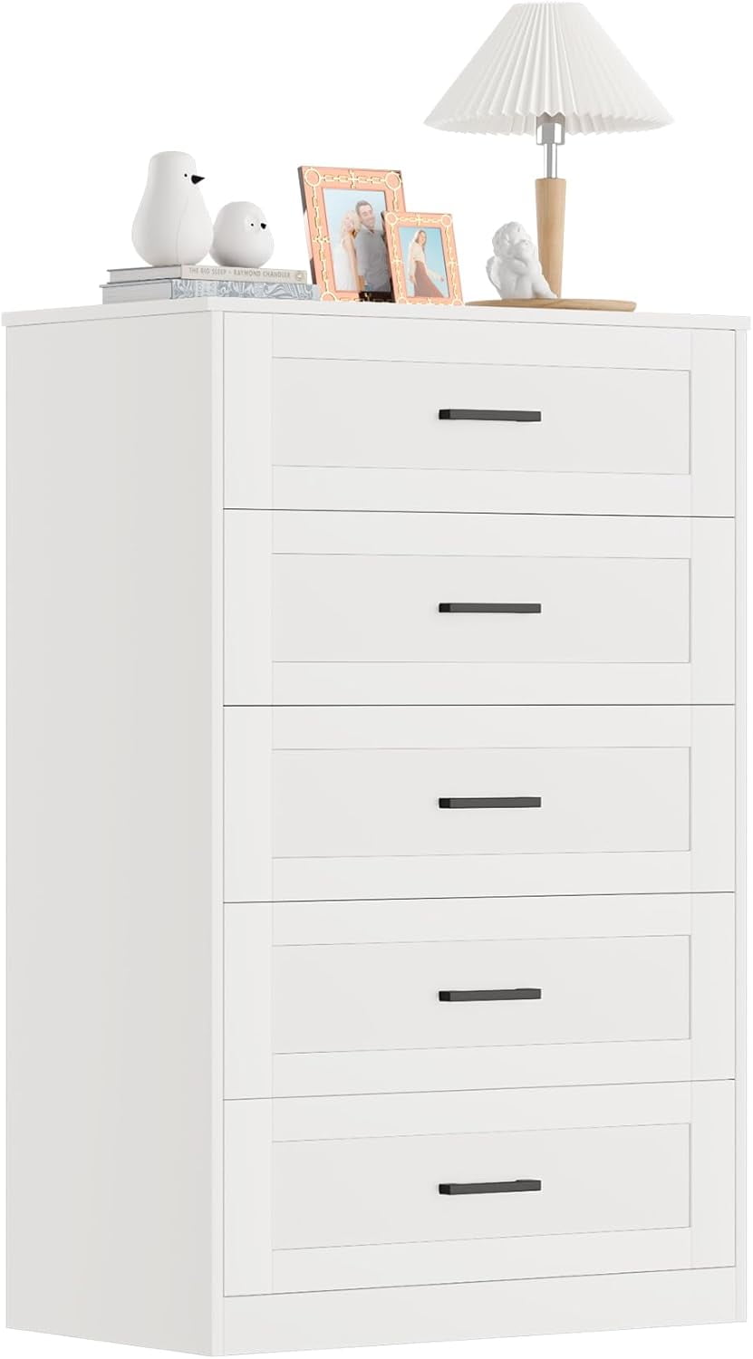 Frmobepts 5 Drawer Dresser, Vertical Dresser with Metal Handle for Bedroom Living Room, White