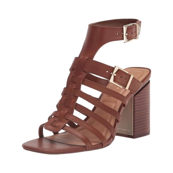 VINCE CAMUTO Womens Brown Strappy Buckle Ankle Strap Padded Hicheny Open Toe Block Heel Buckle Leather Heeled Gladiator Sandal 9.5 M