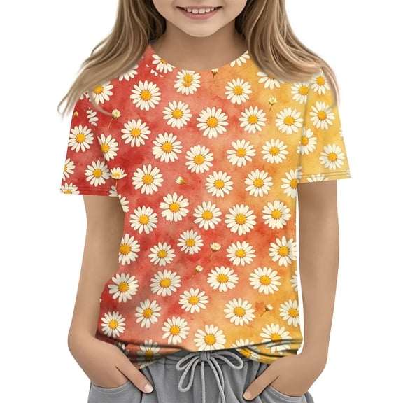 Grblisyd Girls Shirts Kids Cute Daisy Print Summer Tops Casual Loose Short Sleeve Crewneck Tees 10-12 Years