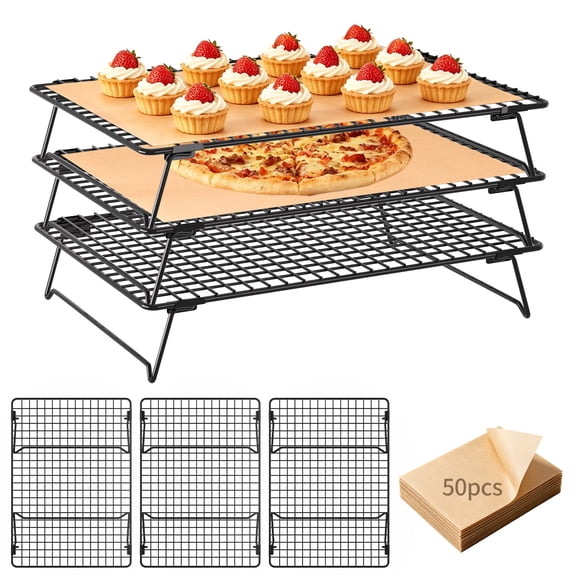 GPANDAG 3-Tier Stackable Cooling Rack for Baking, 13"x9" Foldable Wire Cookie Rack with 50 Parchment Paper Sheets, Oven Safe Metal Bread Cooling Rack for Cookies, Cakes, Pizza