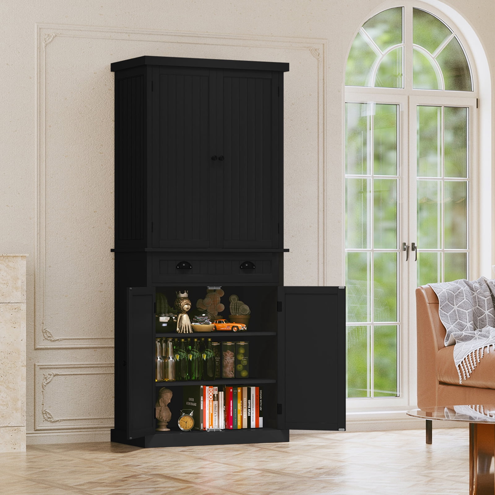 HLR 72" Utility Pantry Storage Cabinet, Tall Cupboard with Door Shelves and Drawer for Kitchen, Black