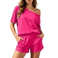 thumbnail image 2 of Karymi Going Out Tops 2-Piece Casual Outfit, Solid Off-Shoulder Short Sleeve Loose Top + Elastic Waist Shorts with Pockets, Summer Beach Vacation Set Womens T Shirts, 2 of 8