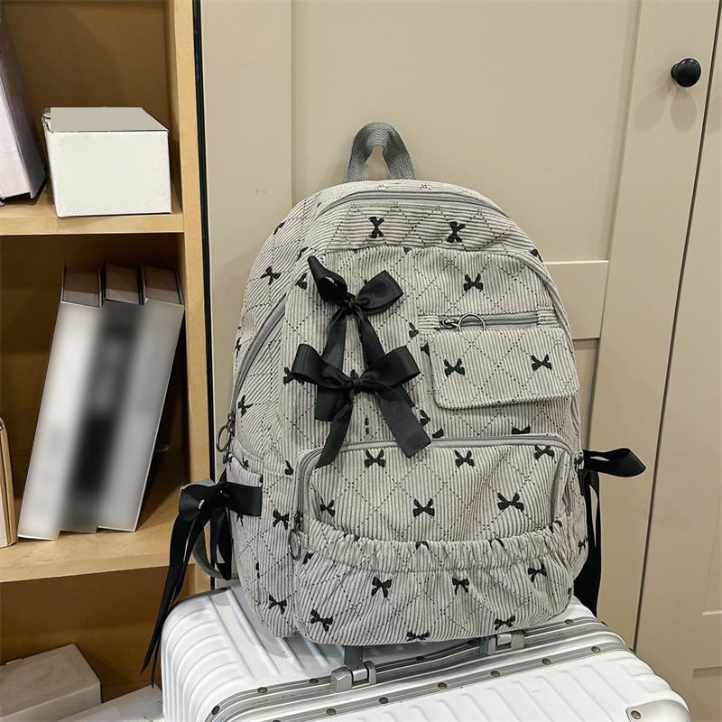 Yucurem Large Capacity Corduroy Backpack with Bow, Lightweight 15.75 inch Laptop Bag for Women, Aesthetic Daypack for College Travel (Gray)