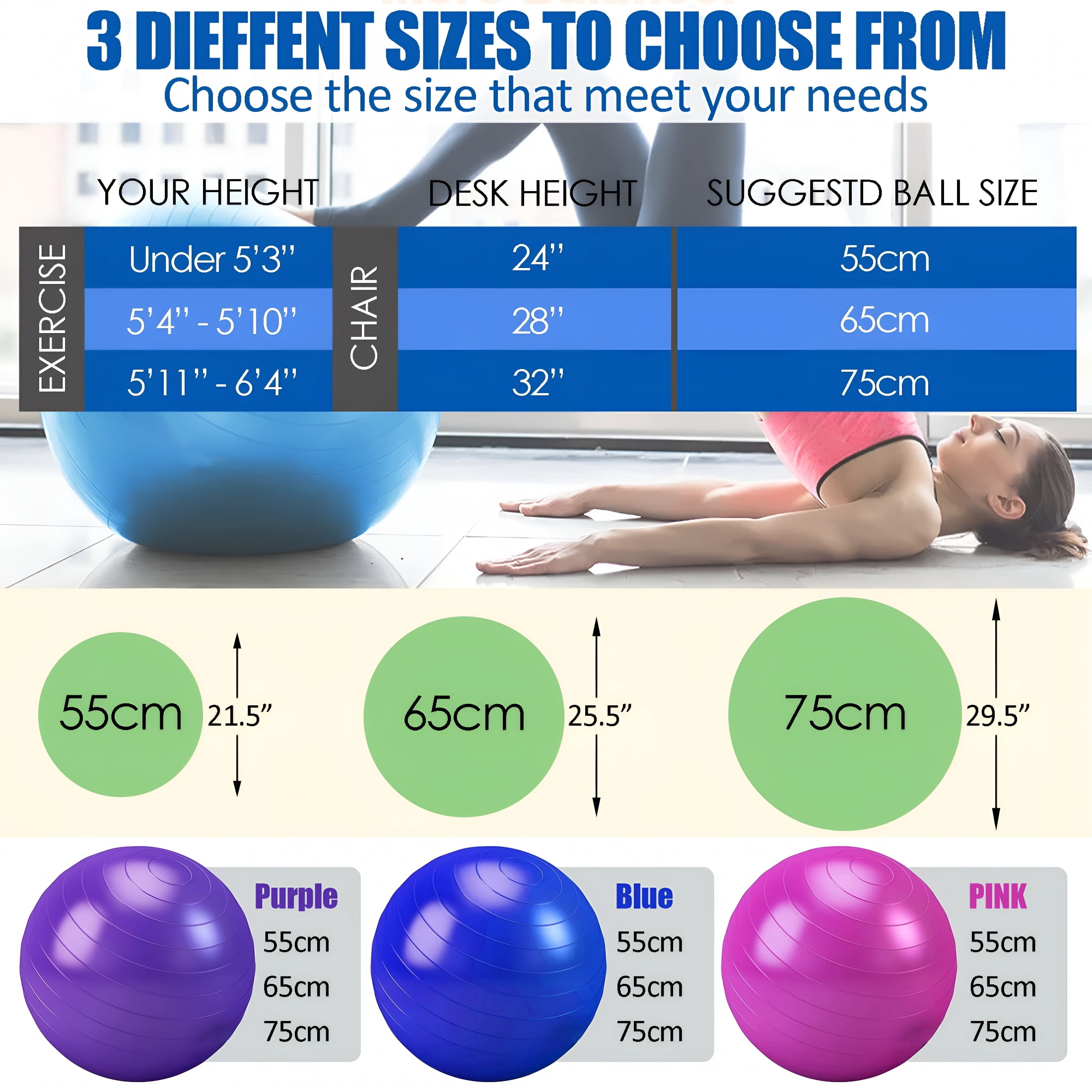 BESTSKY 2026 New Exercise Ball, Pilates Yoga Ball for Fitness Pregnancy, Stability Balance Ball Chair with Quick Pump, Anti-Burst Workout Gym Equipment for Home, Office (Purple 55Cm)