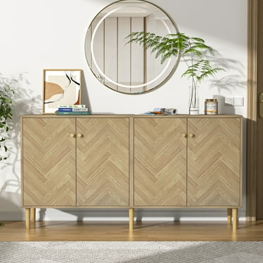 Eumyviv 4 Door Storage Cabine, Herringbone Accent Sideboard Cabinets, Wood Sideboard Storage Cabinet for Bedroom Living Room, Oak H0143