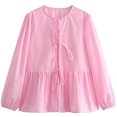 thumbnail image 4 of Ltctricy Babydoll Tops for Women Crew Neck Tie Front Solid Color Lantern Long Sleeve Shirts Casual Loose Blouses(Pink,Small), 4 of 7