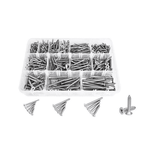 510PCS Wood Screws Assortment Kit - Stainless Steel Self Tapping Screw Set, Crosshairs Flat Head Sheet Metal Screws