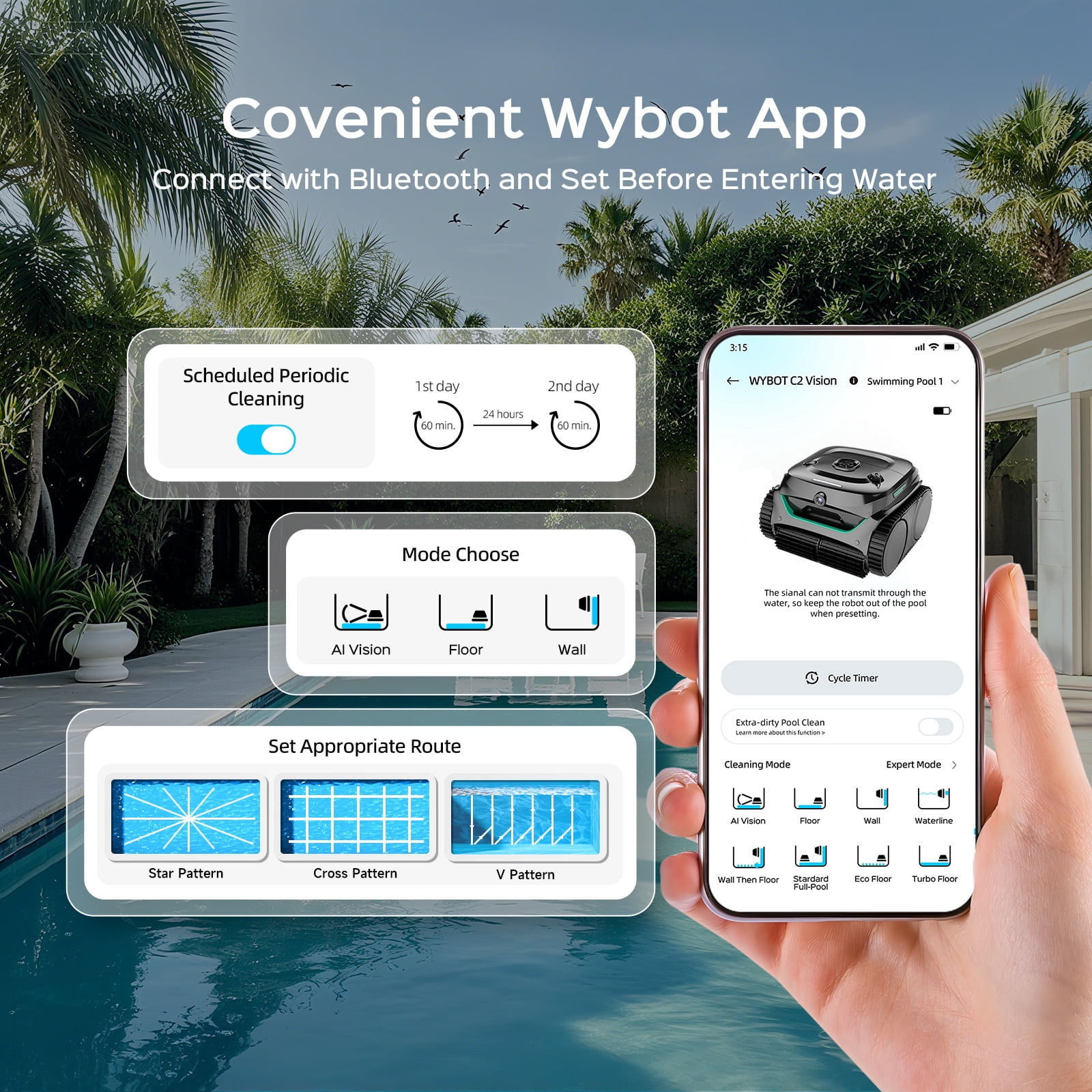 WYBOT C2 Vision AI Camera Cordless Pool Cleaner Robot for Inground Pools, 8 Mode Robotic Pool Cleaner, Ultra-Fine Filtration, Powerful Suction, Wall Climbing, Waterline Cleaning, Black & Green