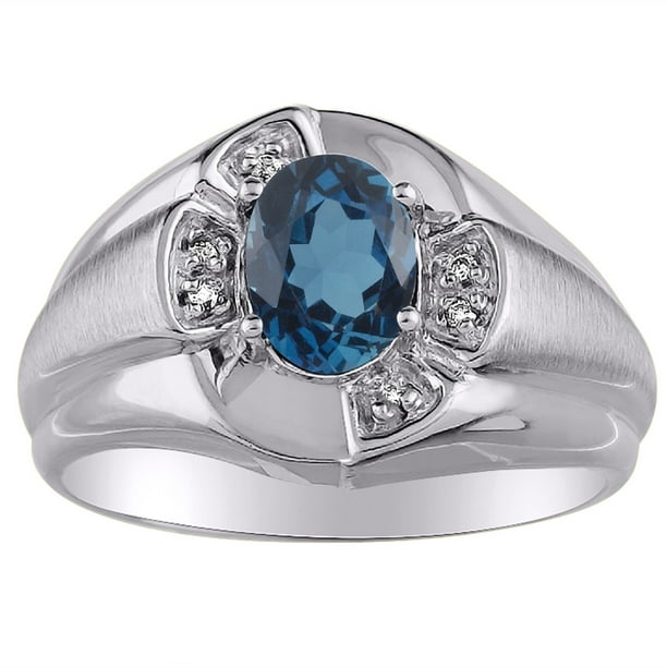 Rylos Mens BlueTopaz & Diamond Ring 14K White Gold Band December