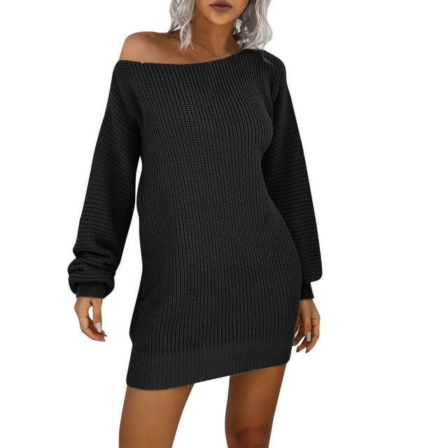 PMUYBHF Robe Chandail d'Automne à Hiver pour Femmes Robe Chandail Épaules Dénudées Tricotée Longs Pulls Robes Chandail pour Femmes 2024 Robe Tendance pour Femmes