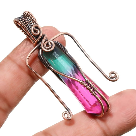 B I Color Tourmaline Gemstone Copper Pendant Handmade Wire Wrap Jewelry 2.3"