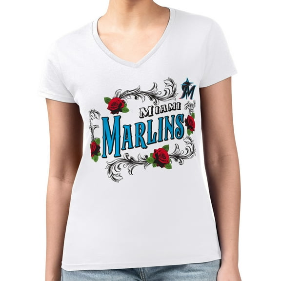 Women's G-III 4Her by Carl Banks White Miami Marlins Super-Slim Fit Lightweight Retro Roses V-Neck T-Shirt