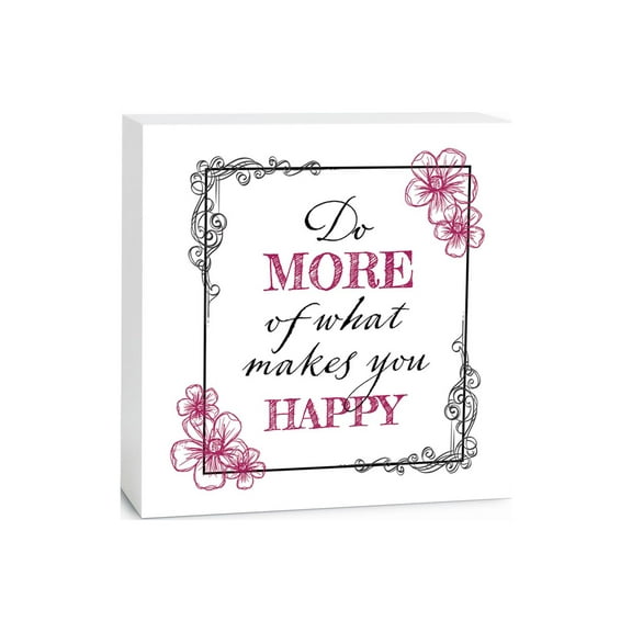 Makes You Happy Raspberry Floral Scroll 5 x 5 Wood Tabletop Sign Plaque