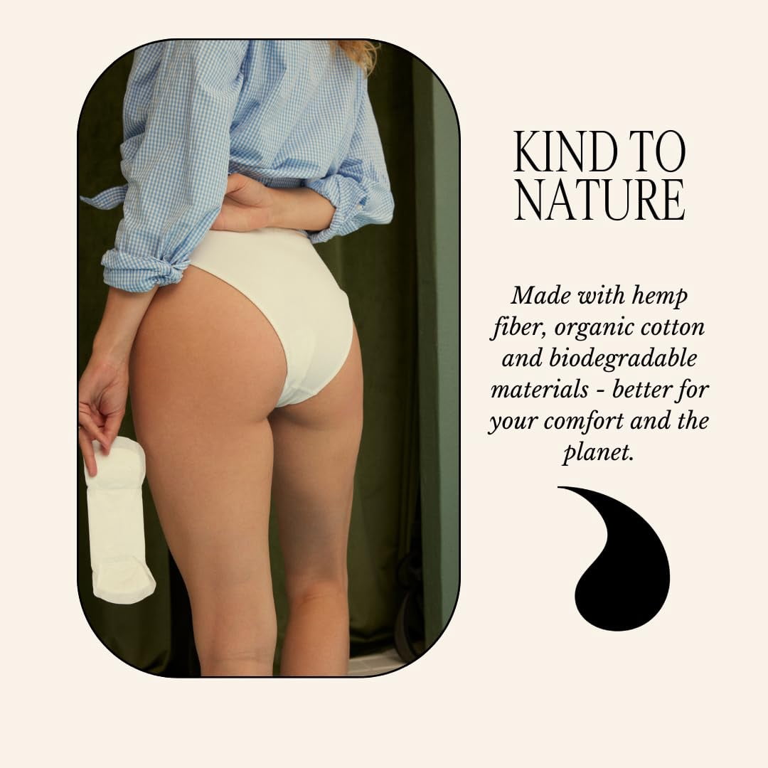 Rif Care Organic Menstrual Pads Feminine Hygiene Hemp Fiber Biodegradable with Wings, Overnight Super Absorbency Pads, 10 Count, 3 Pack, (30 Pads Total)