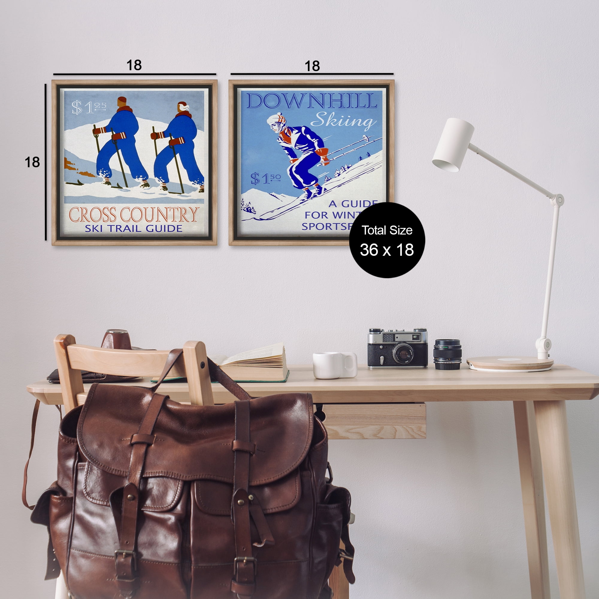 Stupell Industries Cross Country Skiing Posters Sports Painting Brown Floater Framed Canvas Art Print Wall Art, 18 x 18, Set of 2