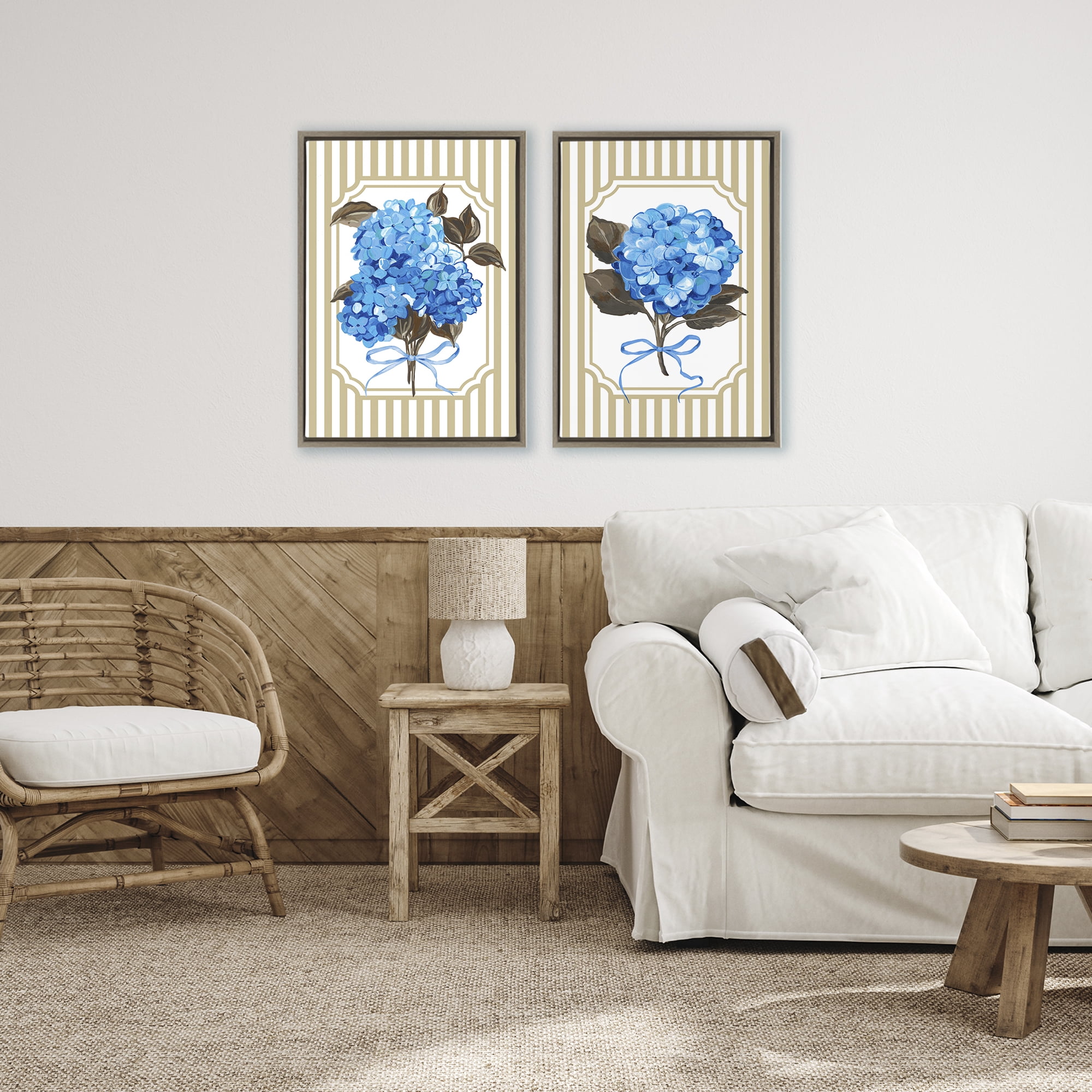 Hydrangea Bouquets with Bows 2 Piece Brown Framed Floater Canvas Set, design by Adonna Ebrahimi