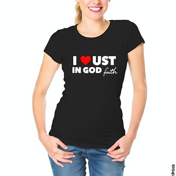 I Love JUST IN GOD Faith Cotton Short Sleeve T-Shirt for Women - Bold Heart Design Casual Style Perfect for Expressing Beliefs