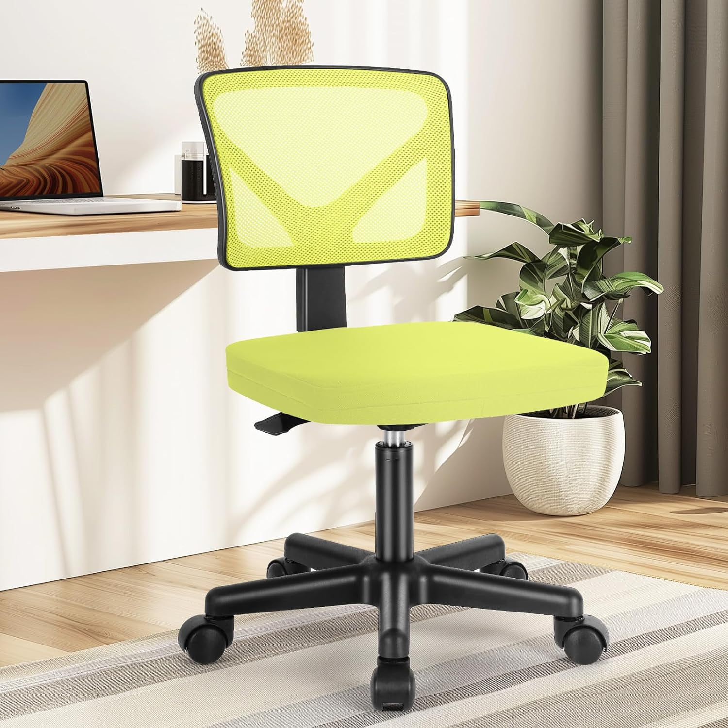Armless Mesh Office Chair, Ergonomic Low-Back Swivel Desk Chair with Wheels and Lumbar Support, Height Adjustable, Green