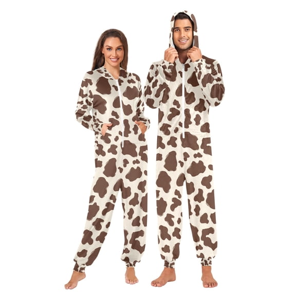 Adult Christmas Onesie Brown and White Cow Print Spots Adult Zipper One-Piece Pajamas Unisex Pajamas with Pockets