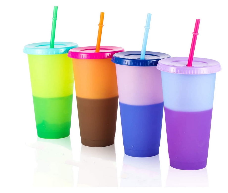 Color Changing Cups, 24oz 4 Reusable Cold Drink Cups with Lids and