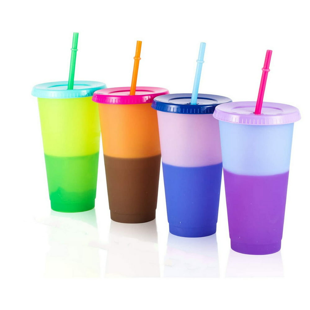 Color Changing Cups, 24oz 4 Reusable Cold Drink Cups with Lids and