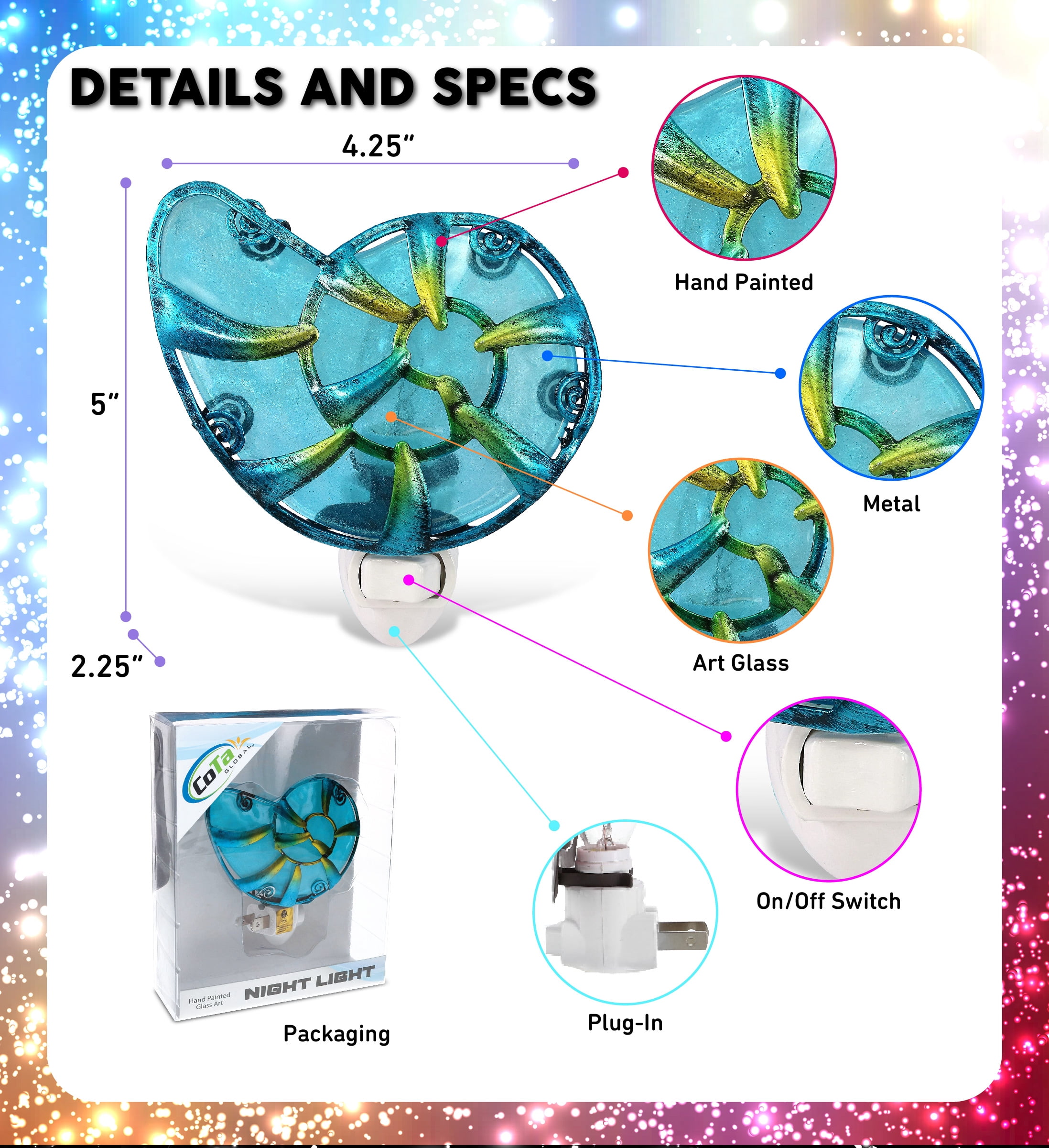 Puzzled Glass Art Blue Sea Shell Night Light - Decorative Night Light Beach Decor for Bedroom, Bathroom, Perfect Seashell Lamp Decorative Room Lights, Elegant Plug In Wall Lamp with On and OFF Switch