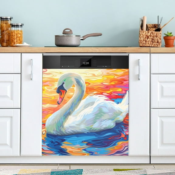 Beautiful Swimming Swan Dishwasher Magnet Cover Magnetic Fridge Door Cover Home Kitchen Decor 23"x 26"