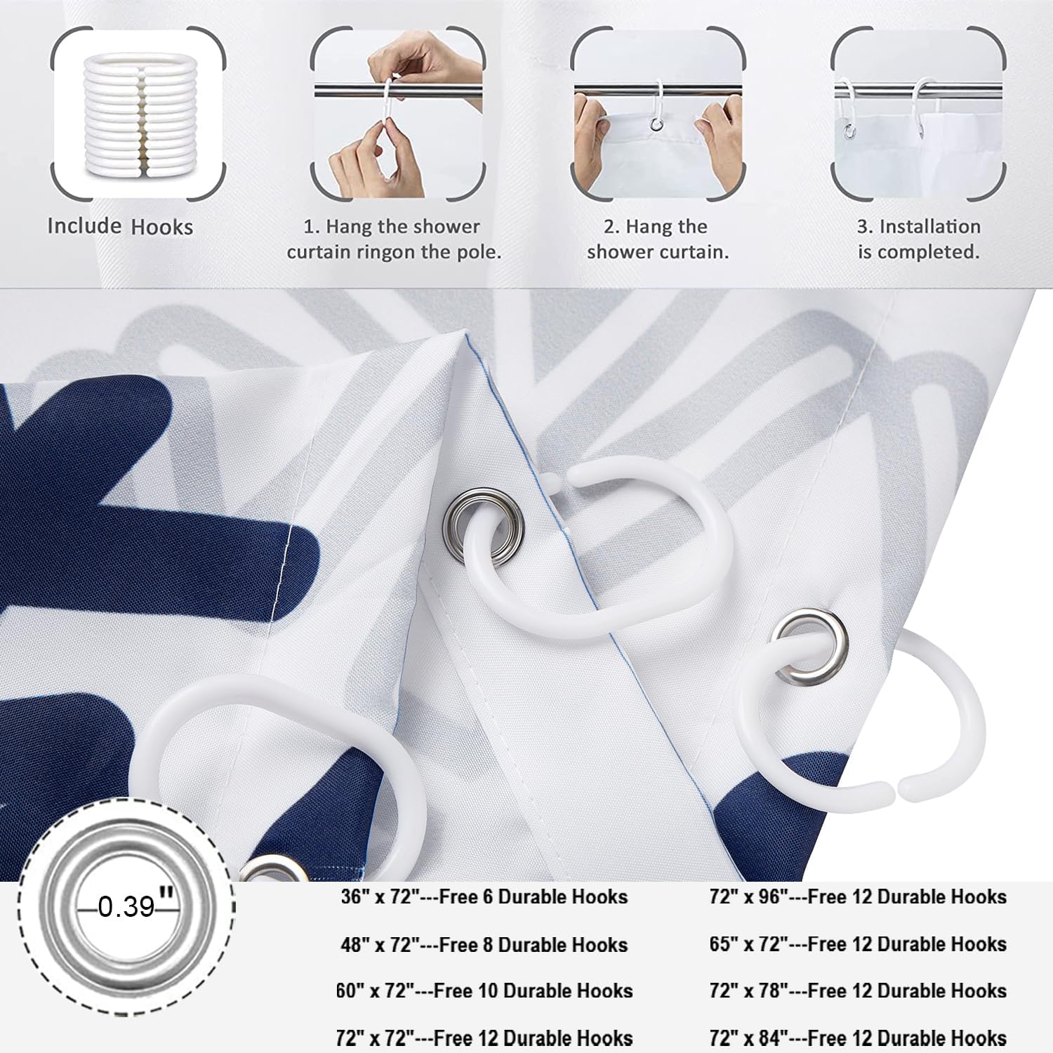 Christmas Shower Curtain, Blue Xmas Snowflake White Background Winter New Year Holiday Bathroom Curtain Waterproof Fabric Machine Washable with Hooks, 72" Wx84 L