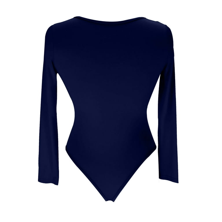Womens Long Sleeve Rib Knit Bodysuit Round Neck Solid Color Funny Ribbed  One Piece Romper Onesies Bodycon Tops (Large, Dark Blue Zip) 